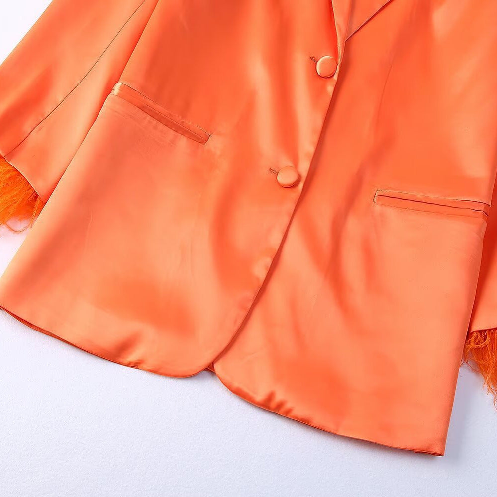 Women's Satin One-Button Blazer with Feather Trim on Sleeves EVA-US