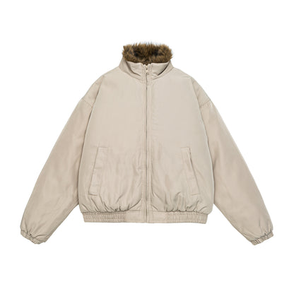 Women's oversized padded bomber jacket with elastic hem and faux fur trim EVA-US