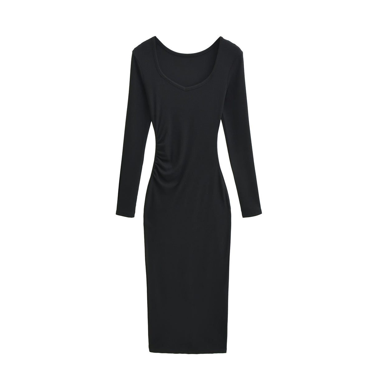 Women's Fitted Midi Dress with Side Ruching and Double Neckline EVA-US