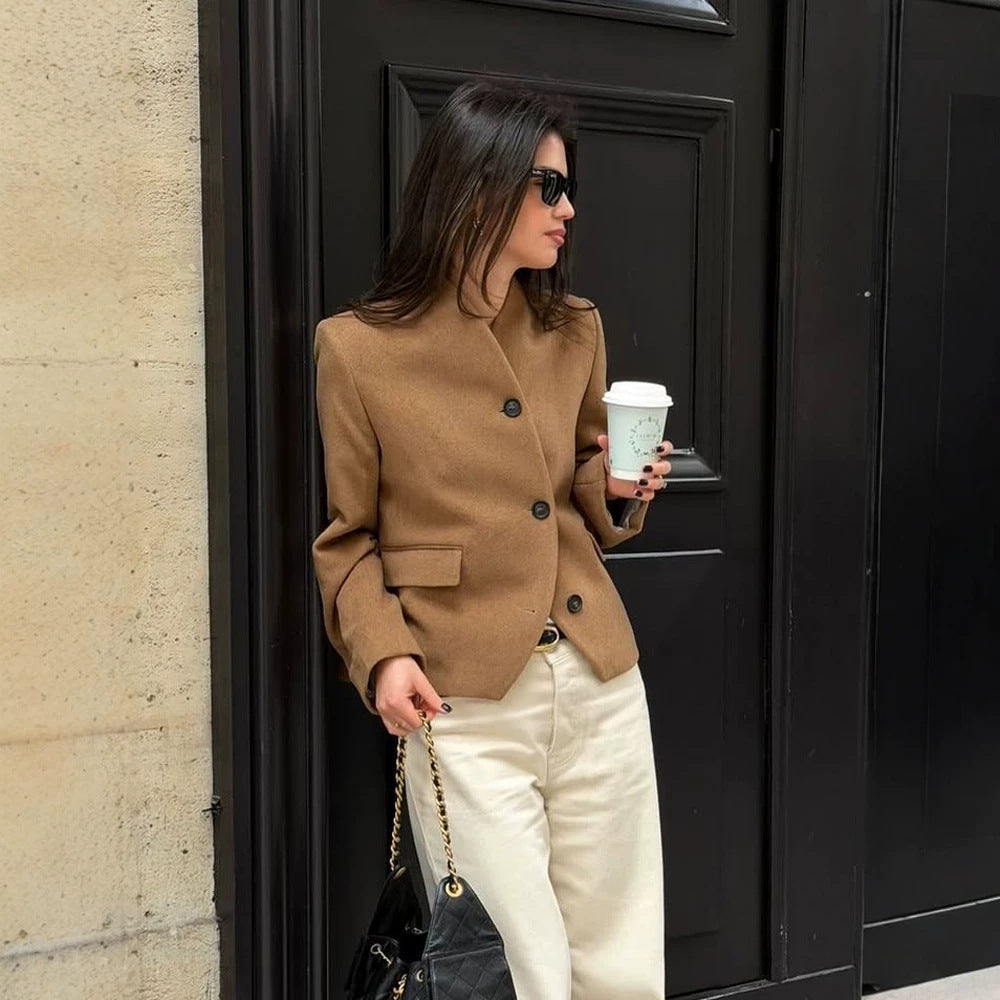 Women's short blazer made of wool blend with stand-up collar, boxy silhouette & three buttons EVA-US