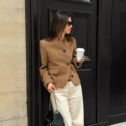 Women's short blazer made of wool blend with stand-up collar, boxy silhouette & three buttons EVA-US