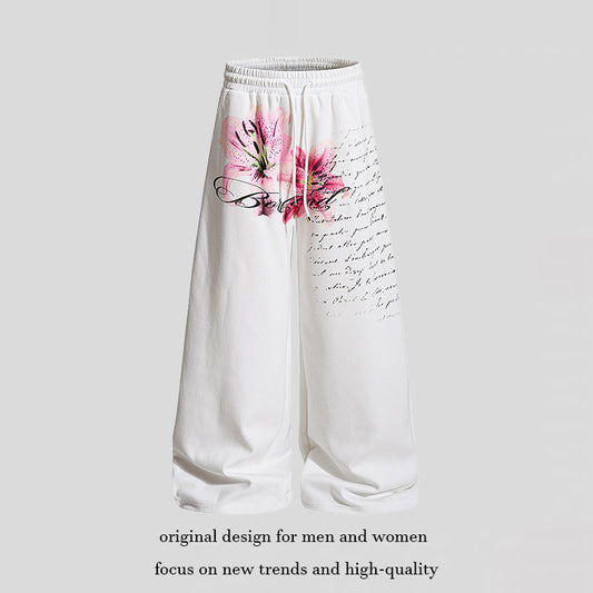 Women’s Wide Palazzo Lounge Pants in Culotte Style with Comfort Waistband, Drawstring and Floral Print Application EVA-US