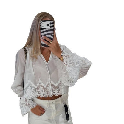 Women's Transparent Lace Blouse Top with Bell Sleeves and Crochet Trim EVA-US
