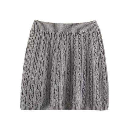 Women's Two-Piece Knit Set with Zipper Hoodie and Short Cable Knit Skirt EVA-US