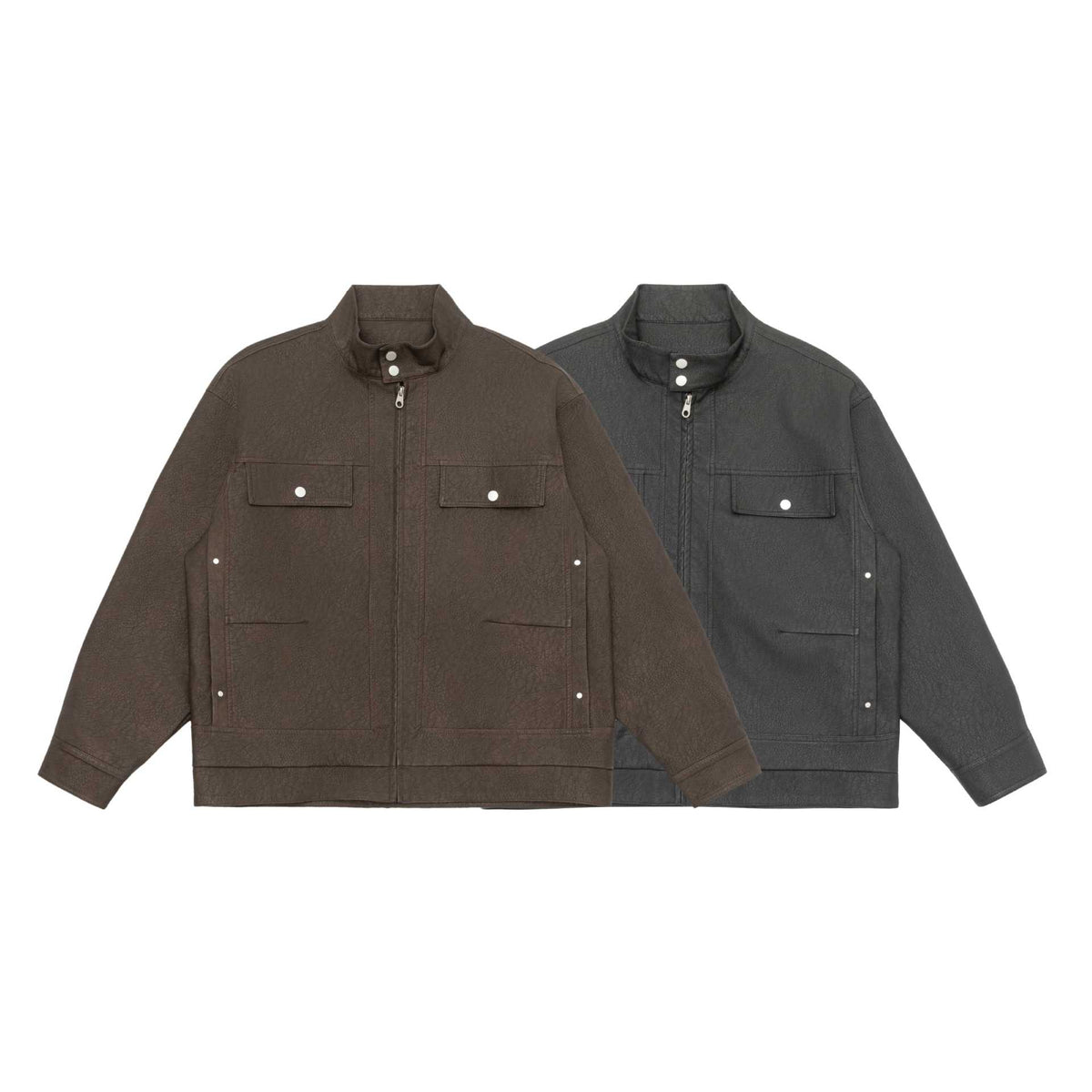 Unisex Boxy-Faux Leather Blouson Jacket with Stand Collar and Flap Pockets EVA-US