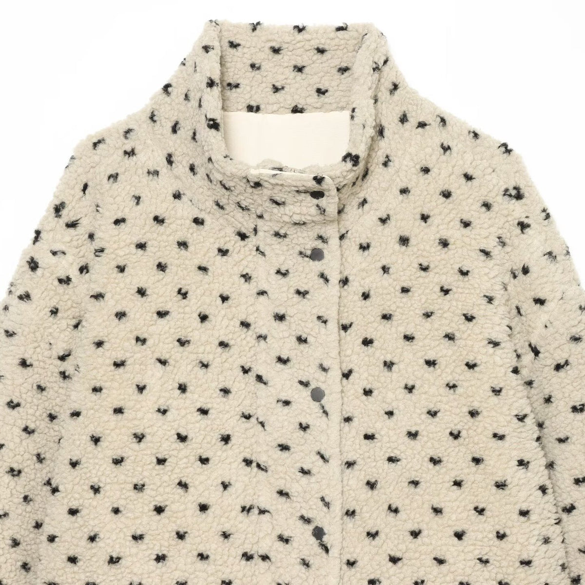 Women Short Teddy Jacket with Stand Collar and Polka Dot Pattern EVA-US