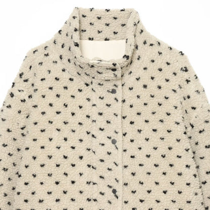 Women Short Teddy Jacket with Stand Collar and Polka Dot Pattern EVA-US