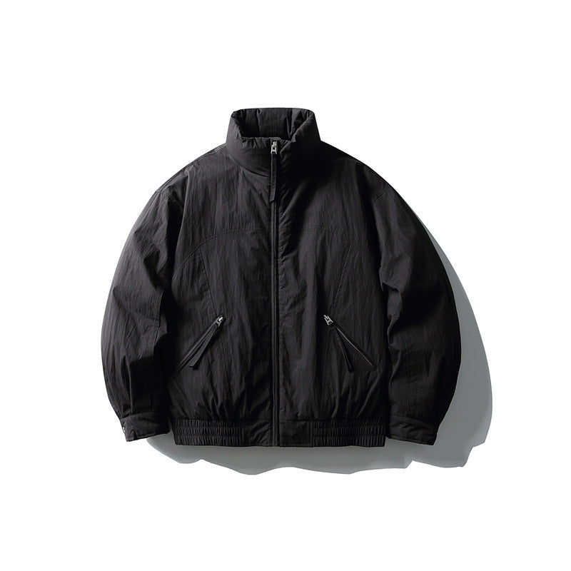 Men's Minimalistic Boxy Windbreaker Jacket with High Stand Collar and Diagonal Zipper Pockets EVA-US