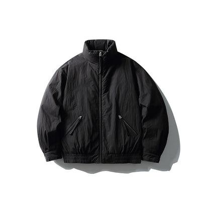 Men's Minimalistic Boxy Windbreaker Jacket with High Stand Collar and Diagonal Zipper Pockets EVA-US