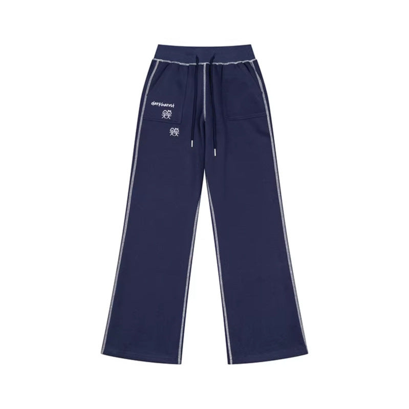 Women's Wide Lounge Pants with High Waist, Drawstring and Contrast Stitching EVA-US
