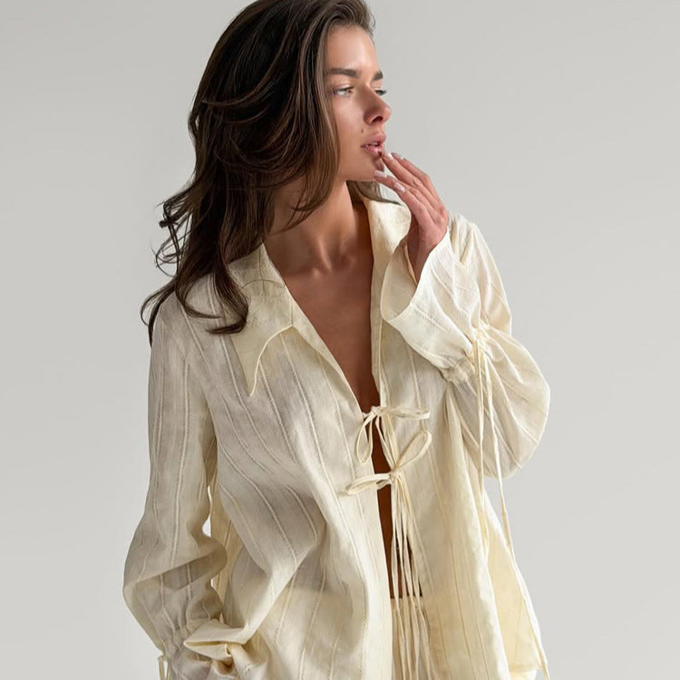 Women Loose Fitting Linen Look Blouse with Decorative Ties and Transparent Stripe Structure EVA-US