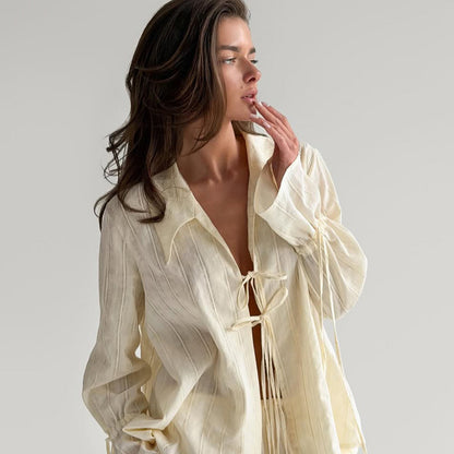 Women Loose Fitting Linen Look Blouse with Decorative Ties and Transparent Stripe Structure EVA-US