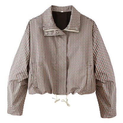 Women's Checked Cropped Field Jacket with Drawstring Hem, Stand-Up Collar and Boxy Silhouette EVA-US