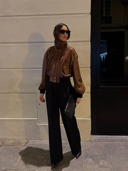 Women's short-cut leather blouse jacket with high stand-up collar and balloon sleeves EVA-US