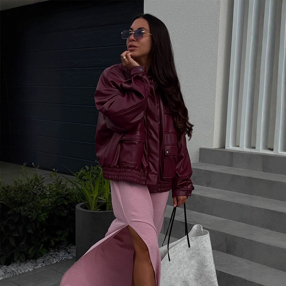 Women Oversize Faux Leather Jacket with Snap Pockets and Elastic Hem EVA-US
