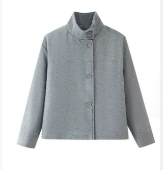 Women's 9800+ short boxy wool blend jacket with high funnel collar, asymmetrical button placket and adjustable cuffs EVA-US