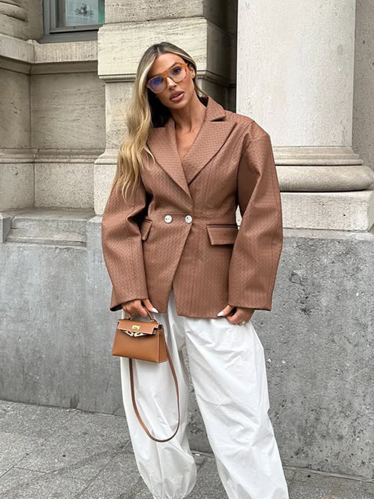 Women's Boxy Blazer with tailored draping and structured faux leather look EVA-US