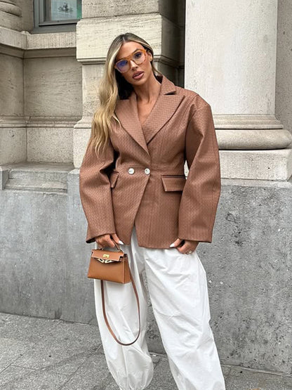 Women's Boxy Blazer with tailored draping and structured faux leather look EVA-US