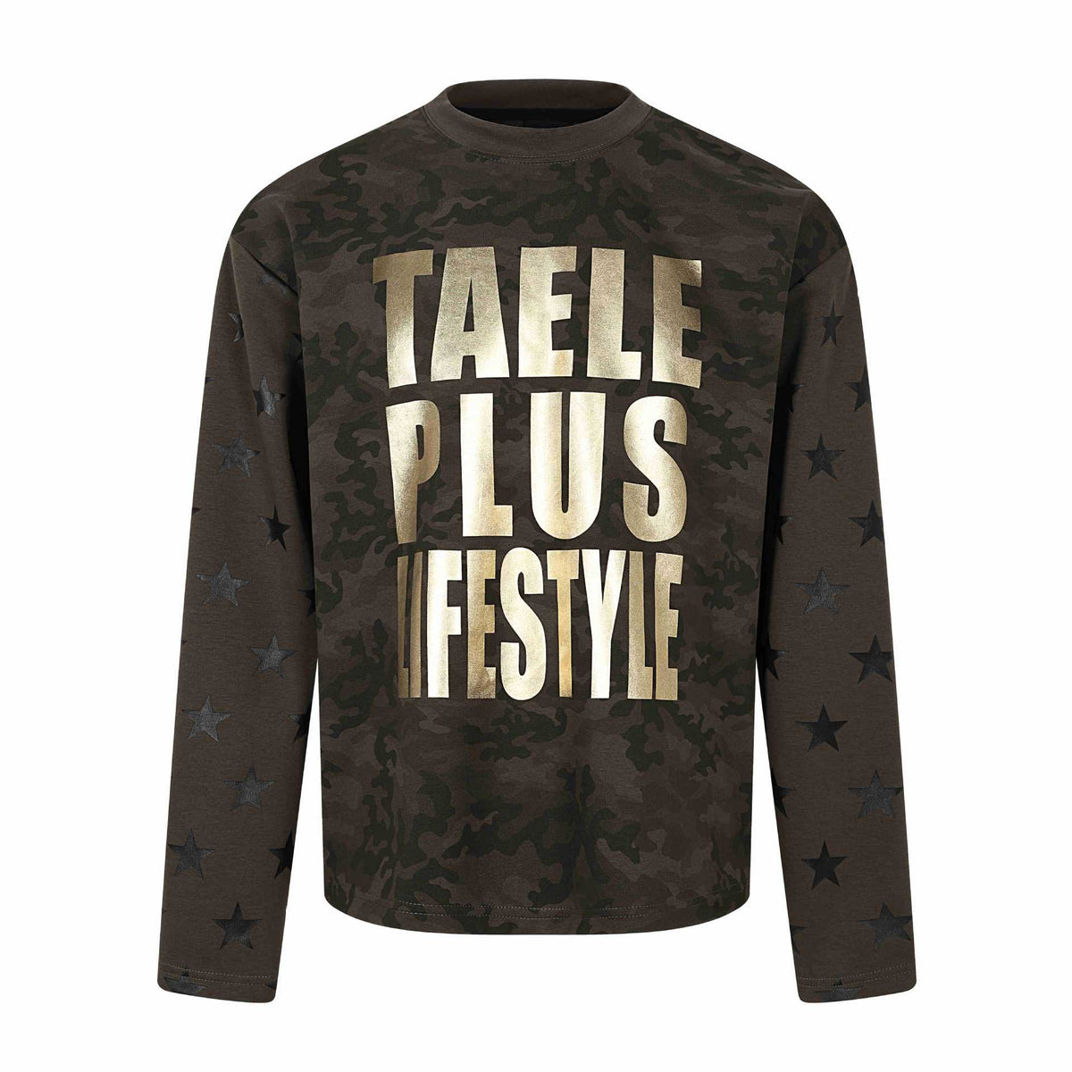 Unisex Oversize Sweatshirt with Camouflage Print, Star Sleeve Application and Large Metallic Print EVA-US