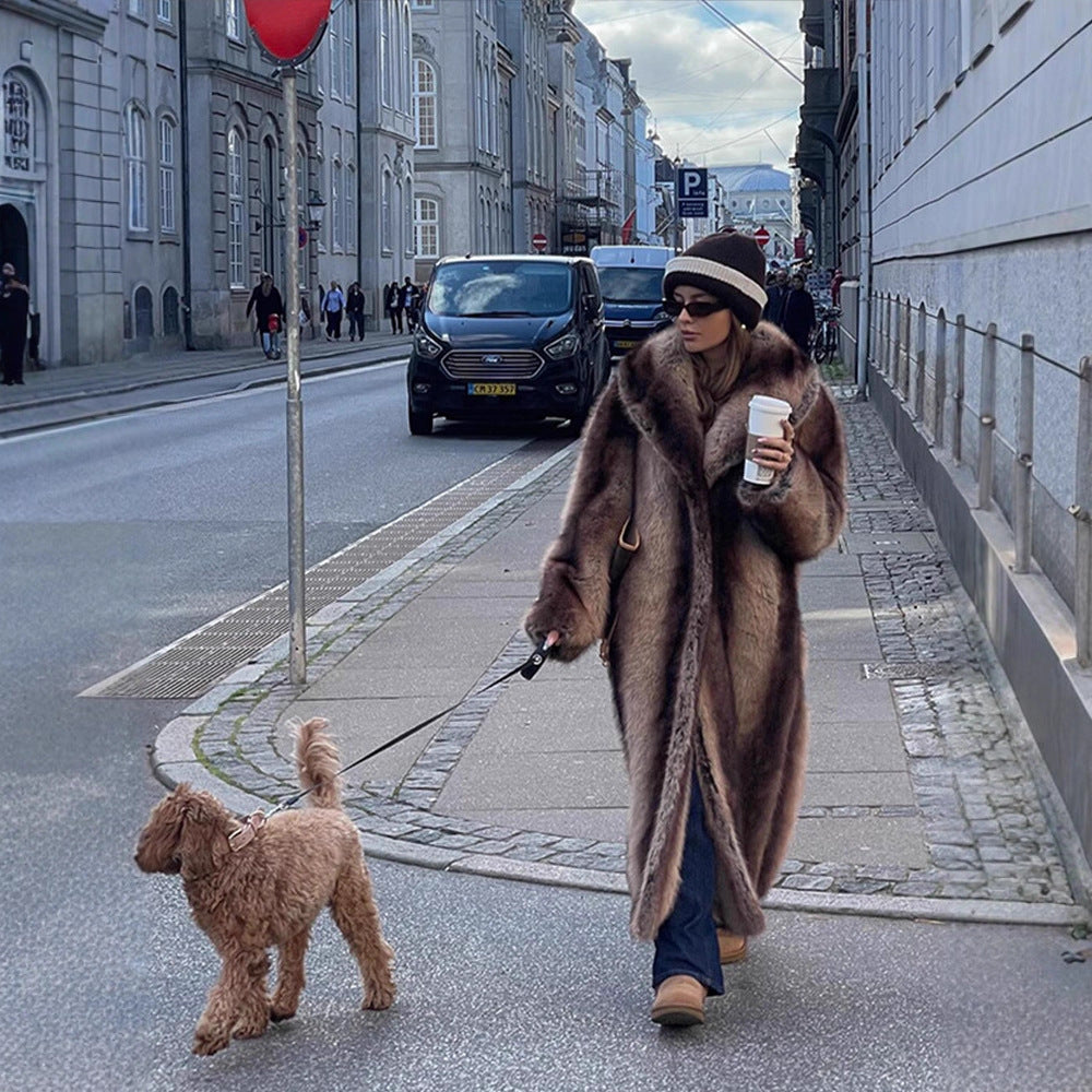 Women Maxilength Oversize Faux Fur Coat with Vintage Cut and Wide Lapel Collar EVA-US