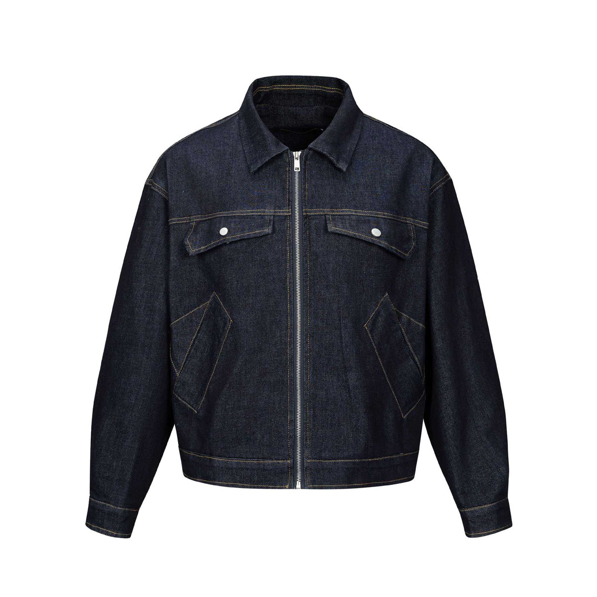 Unisex Tailored Denim Jacket with Metal Zipper and Flap Pockets EVA-US