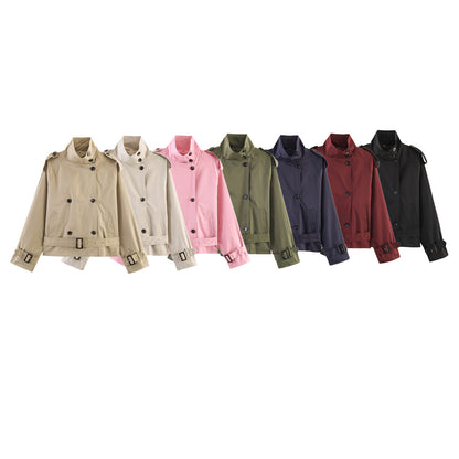 Women's Short Double-Breasted Waist Belt Trench Coat with High Funnel Collar and Shoulder Straps EVA-US