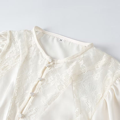 Ladies Romantic Lace Blouse with Drawstring Waist, Ruffled Hem and Balloon Sleeves EVA-US