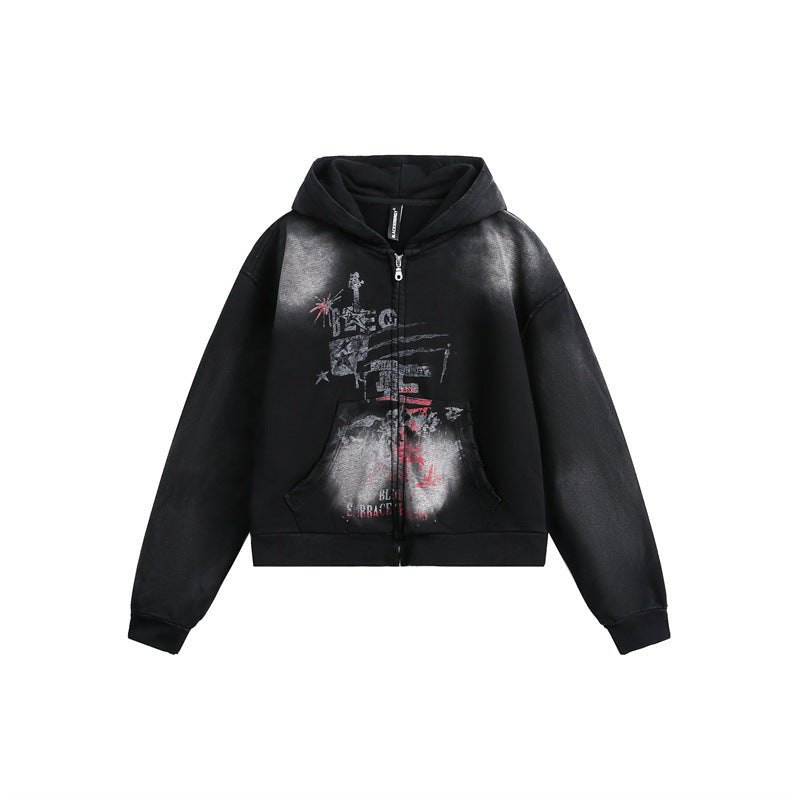 Unisex hoodie zip jacket in urban graffiti print with kangaroo pocket and boxy cut EVA-US