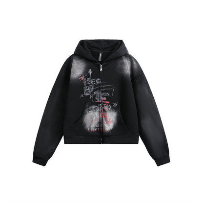 Unisex hoodie zip jacket in urban graffiti print with kangaroo pocket and boxy cut EVA-US