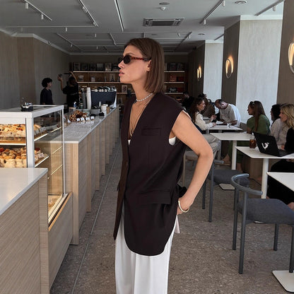 Women Sleeveless Long Blazer Vest with Structured Shoulders and Long Ties EVA-US
