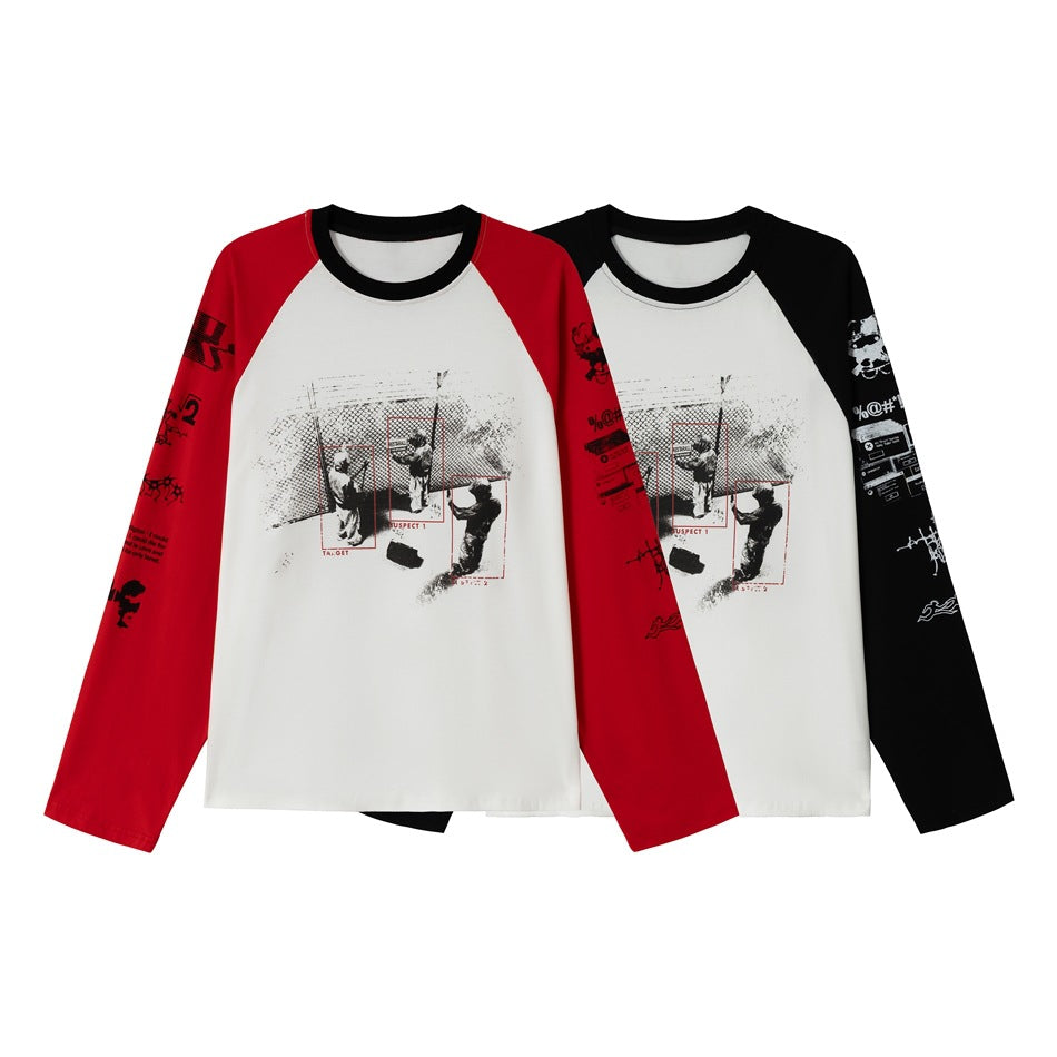 Unisex Raglan-Long Sleeve Shirt with Contrast Sleeves, Crew Neck and Urban Photo Print EVA-US