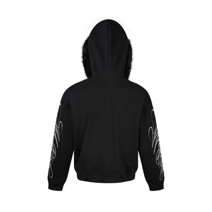 Unisex Oversize Hoodie Jacket made of cotton blend with removable faux fur trim and graphic sleeve prints EVA-US