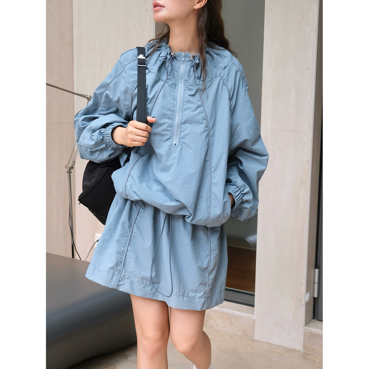 Women Lightweight Windbreaker Half-Zip Tunic with Drawstring and Elastic Cuffs EVA-US
