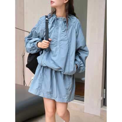 Women Lightweight Windbreaker Half-Zip Tunic with Drawstring and Elastic Cuffs EVA-US