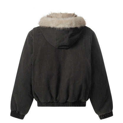 Men's canvas bomber jacket with removable faux fur hood and elastic hem EVA-US