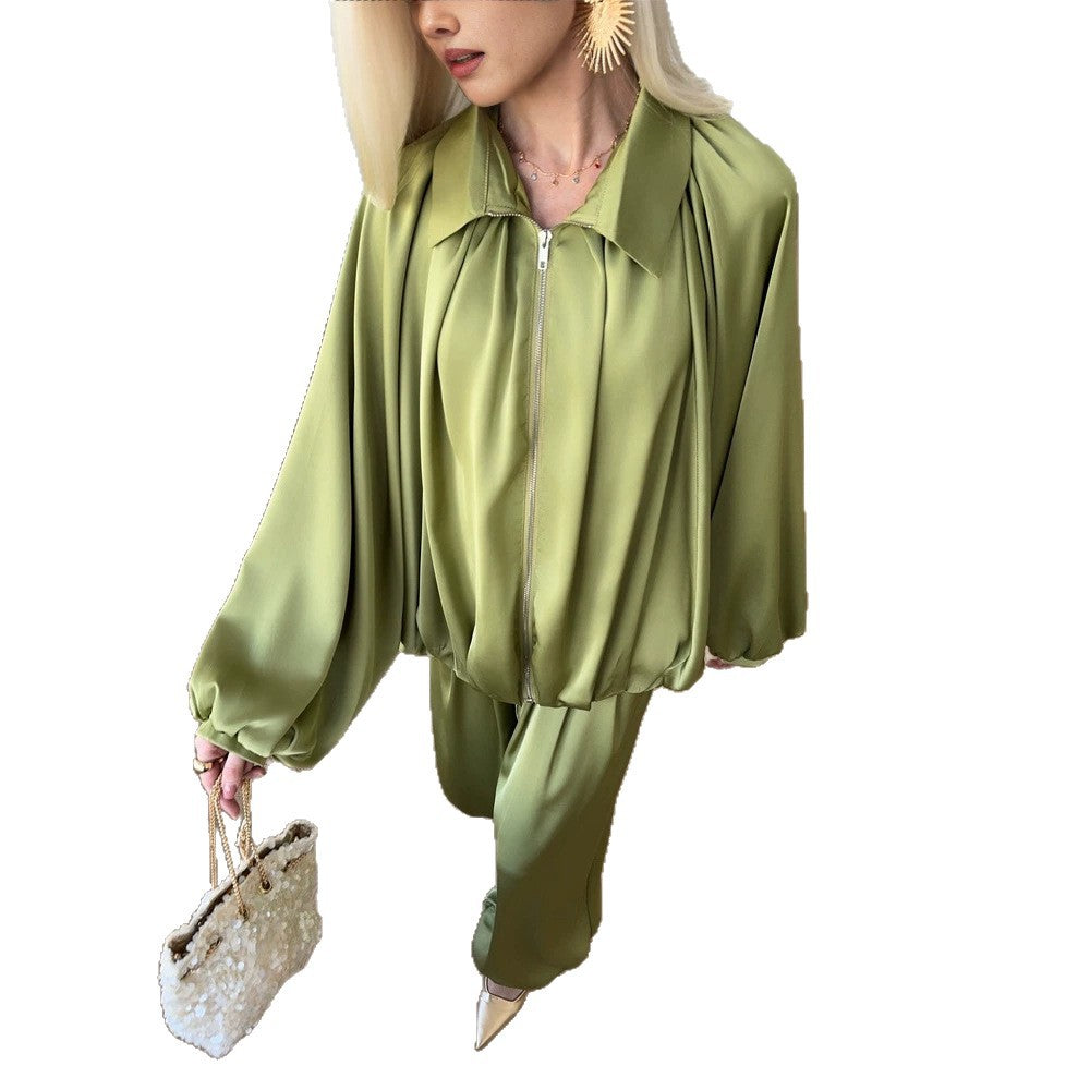 Women Elegant Satin Two-Piece Set with Oversize Blouse and Wide Palazzo Pants EVA-US
