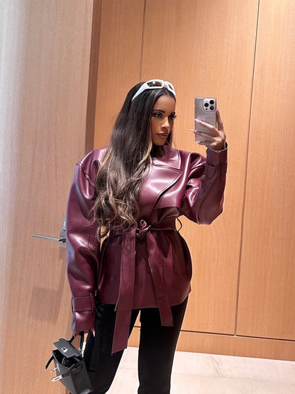 Women Tailored Faux Leather Blouson with Tie Belt and Voluminous Shoulder Section EVA-US
