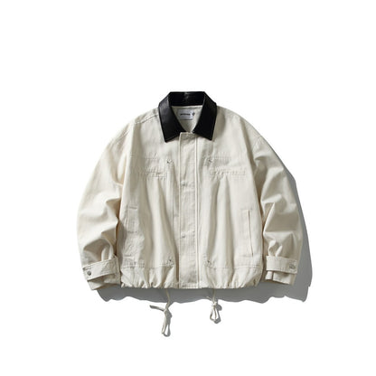 Men's short-cut boxy blouson jacket with faux leather collar, drawstring hem, and snap button cuffs EVA-US