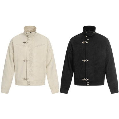 Men's short-cut suede leather blouson with stand-up collar, decorative embroidery, and toggle closure EVA-US