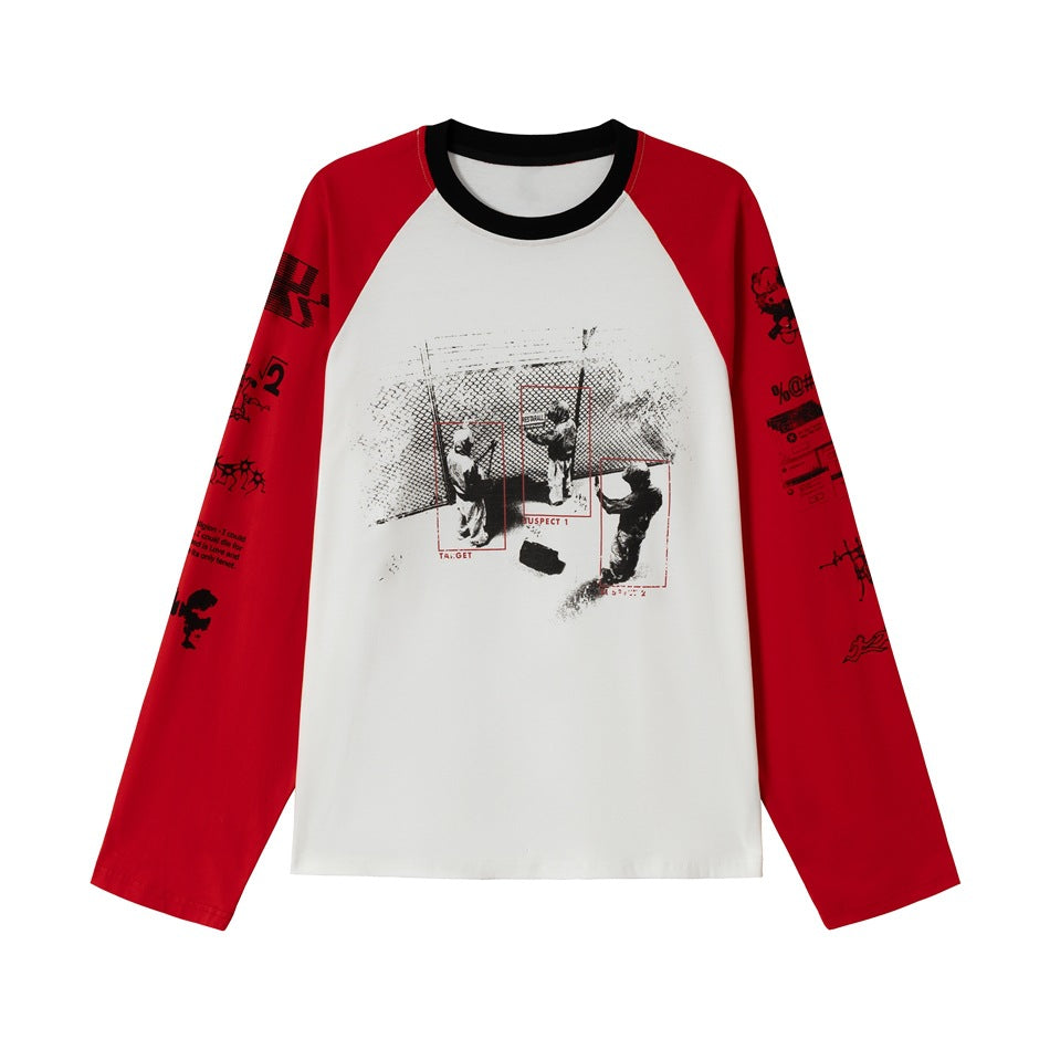 Unisex Raglan-Long Sleeve Shirt with Contrast Sleeves, Crew Neck and Urban Photo Print EVA-US