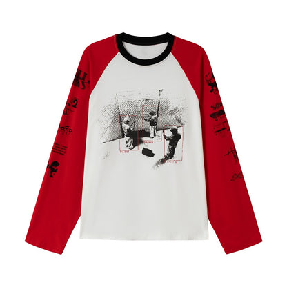 Unisex Raglan-Long Sleeve Shirt with Contrast Sleeves, Crew Neck and Urban Photo Print EVA-US