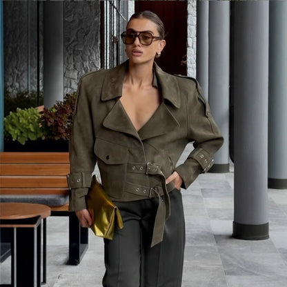 Ladies short jacket made of suede look with waist belt, buckles & oversized collar EVA-US