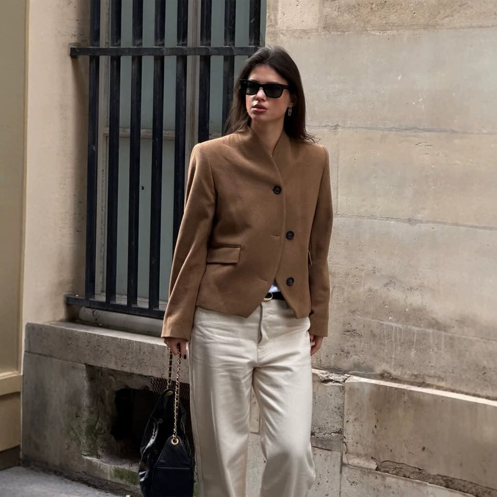 Women's short blazer made of wool blend with stand-up collar, boxy silhouette & three buttons EVA-US