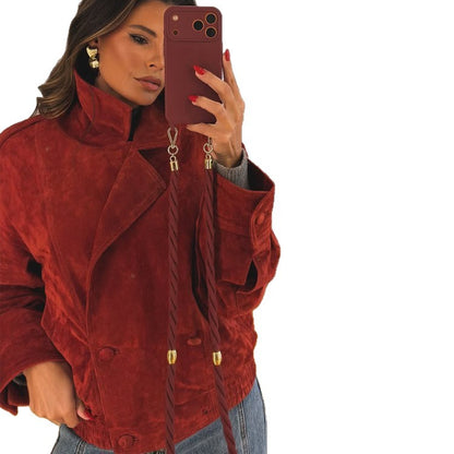 Women cropped suede leather jacket with high collar and double-breasted button placket EVA-US