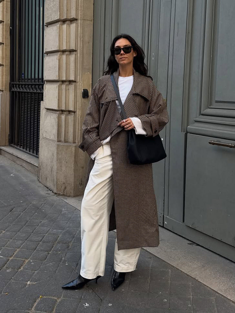 Women Oversized Coat in Glencheck with Wide Lapels and Dropped Shoulder Part EVA-US
