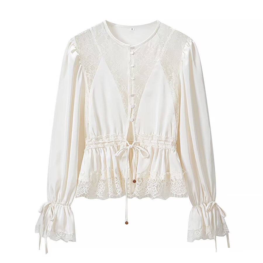 Ladies Romantic Lace Blouse with Drawstring Waist, Ruffled Hem and Balloon Sleeves EVA-US