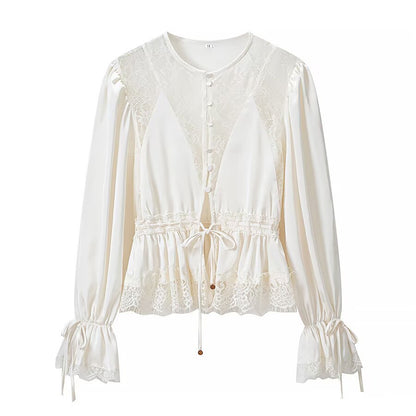 Ladies Romantic Lace Blouse with Drawstring Waist, Ruffled Hem and Balloon Sleeves EVA-US