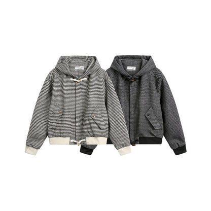 Unisex short-cut hooded blouson jacket in mixed structure with toggle closure and ribbed cuffs EVA-US