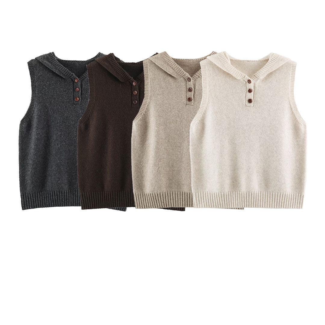 Women's fine knit vest with hood, button placket, and ribbed waistband EVA-US