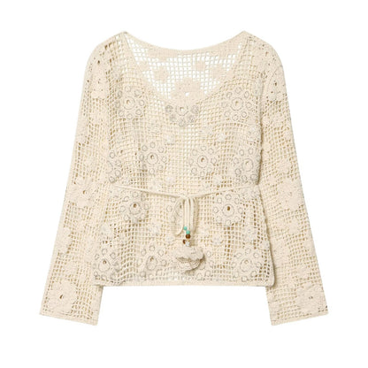 Women's crochet sweater with flower appliqués and drawstring EVA-US